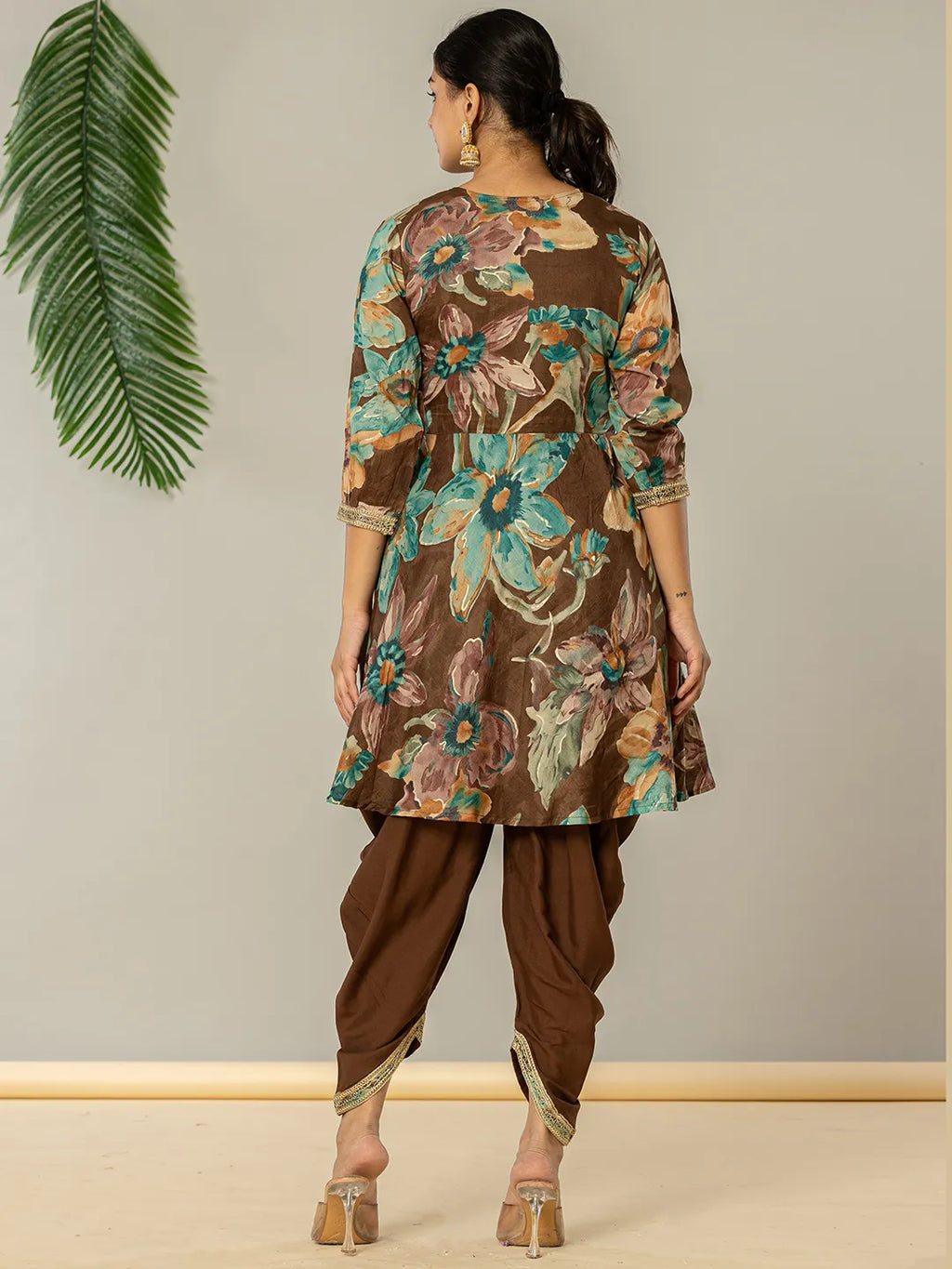 Yufta Cotton Brown Zari_Work Kurta Dhoti Dupatta Set | Grocsy