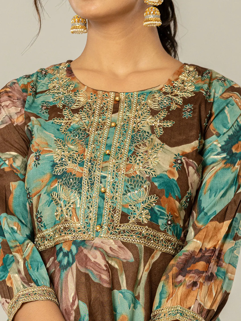 Yufta Cotton Brown Zari_Work Kurta Dhoti Dupatta Set | Grocsy
