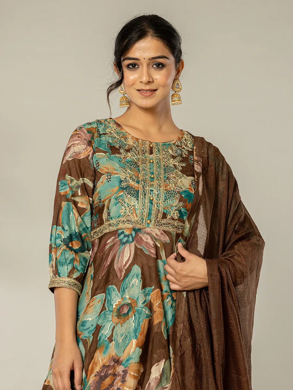 Yufta Cotton Brown Zari_Work Kurta Dhoti Dupatta Set | Grocsy