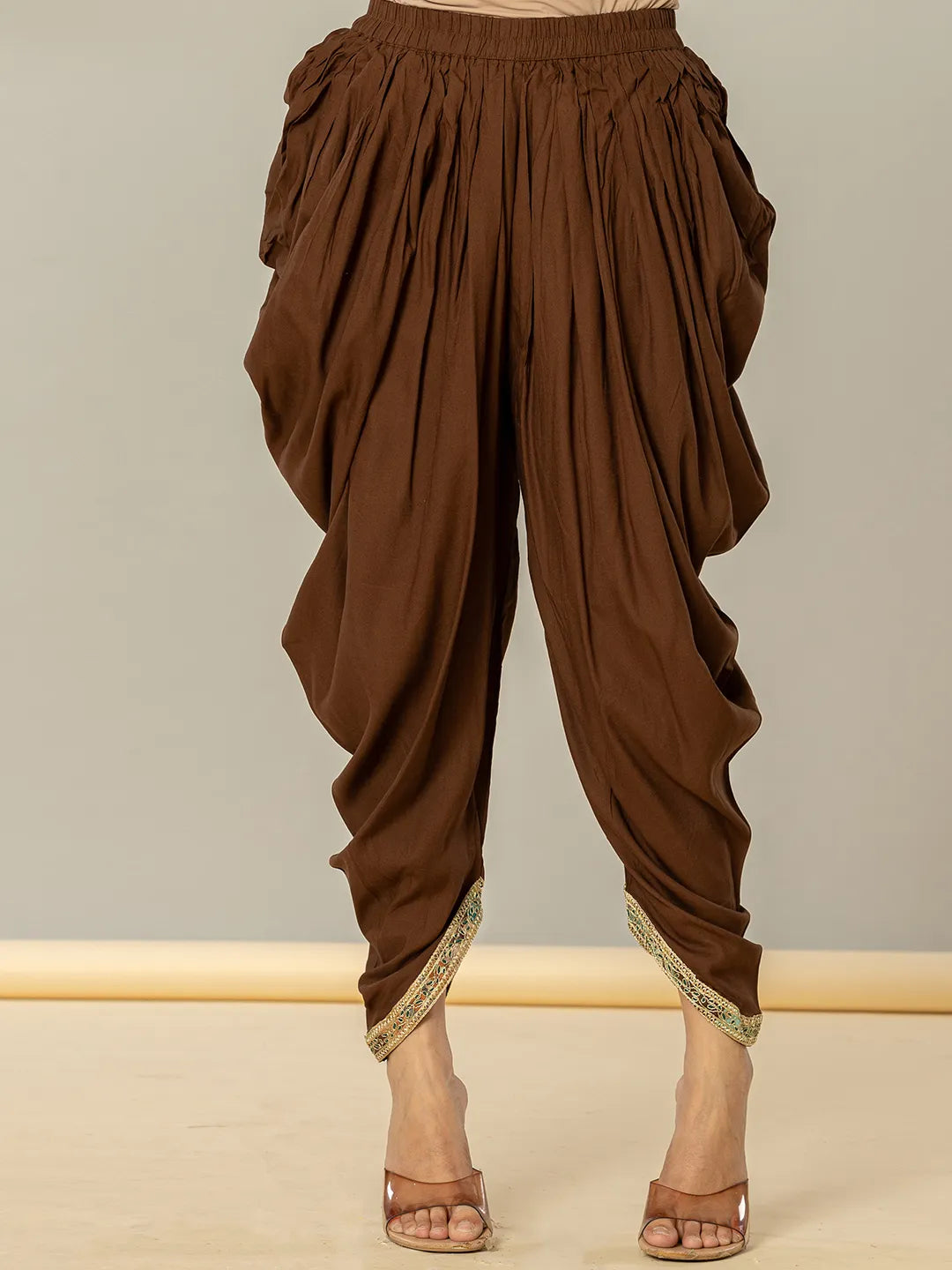 Yufta Cotton Brown Zari_Work Kurta Dhoti Dupatta Set | Grocsy