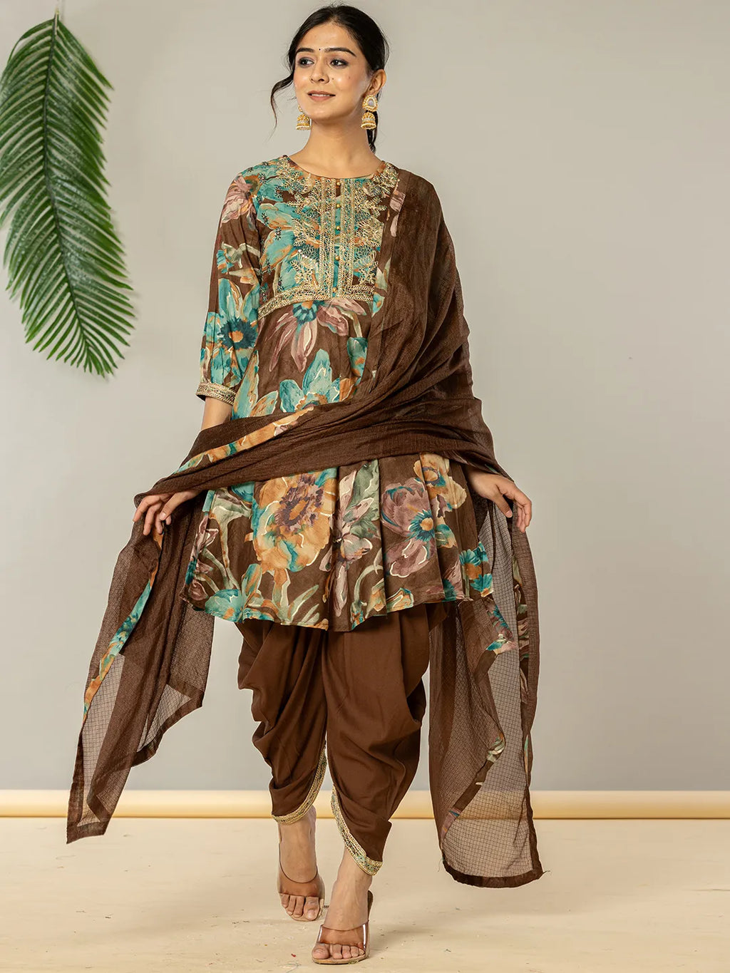 Yufta Cotton Brown Zari_Work Kurta Dhoti Dupatta Set | Grocsy