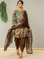 Yufta Cotton Brown Zari_Work Kurta Dhoti Dupatta Set | Grocsy