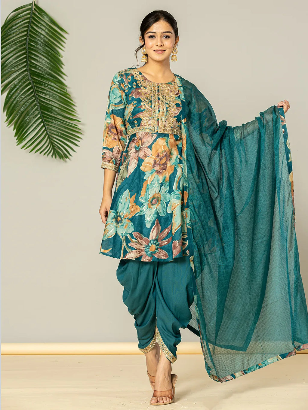 Yufta Cotton Teal Blue Zari_Work Kurta Dhoti Dupatta Set | Grocsy