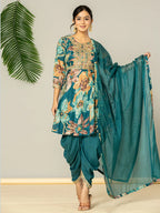 Yufta Cotton Teal Blue Zari_Work Kurta Dhoti Dupatta Set | Grocsy