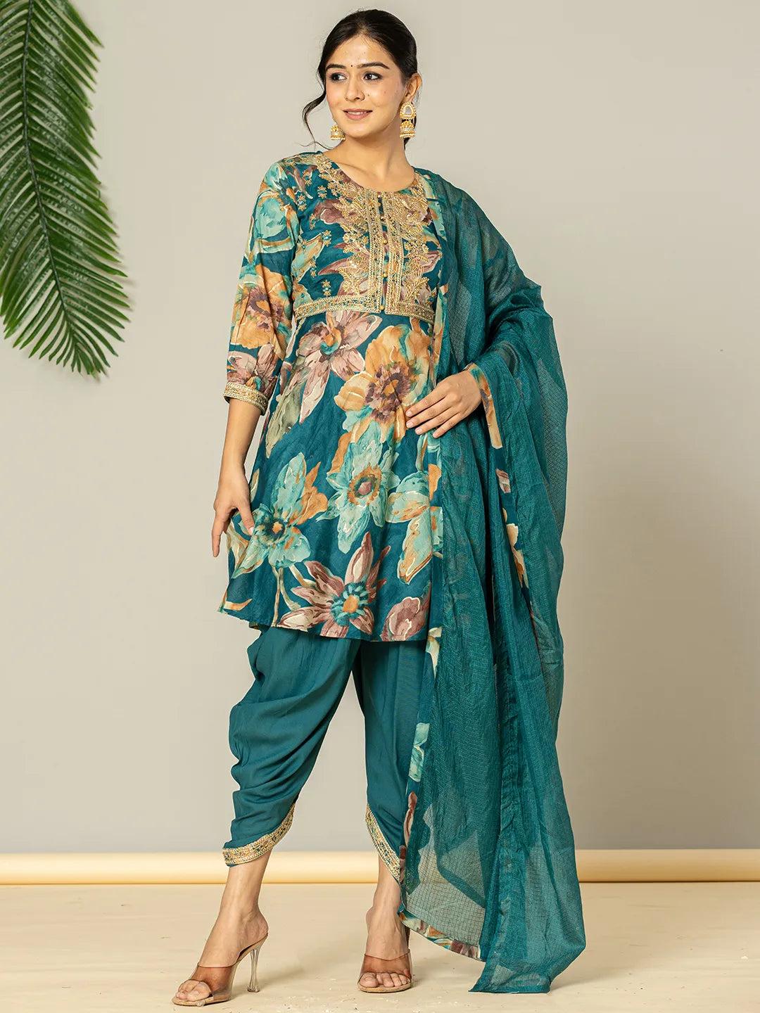 Yufta Cotton Teal Blue Zari_Work Kurta Dhoti Dupatta Set | Grocsy