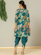 Yufta Cotton Teal Blue Zari_Work Kurta Dhoti Dupatta Set | Grocsy