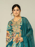 Yufta Cotton Teal Blue Zari_Work Kurta Dhoti Dupatta Set | Grocsy