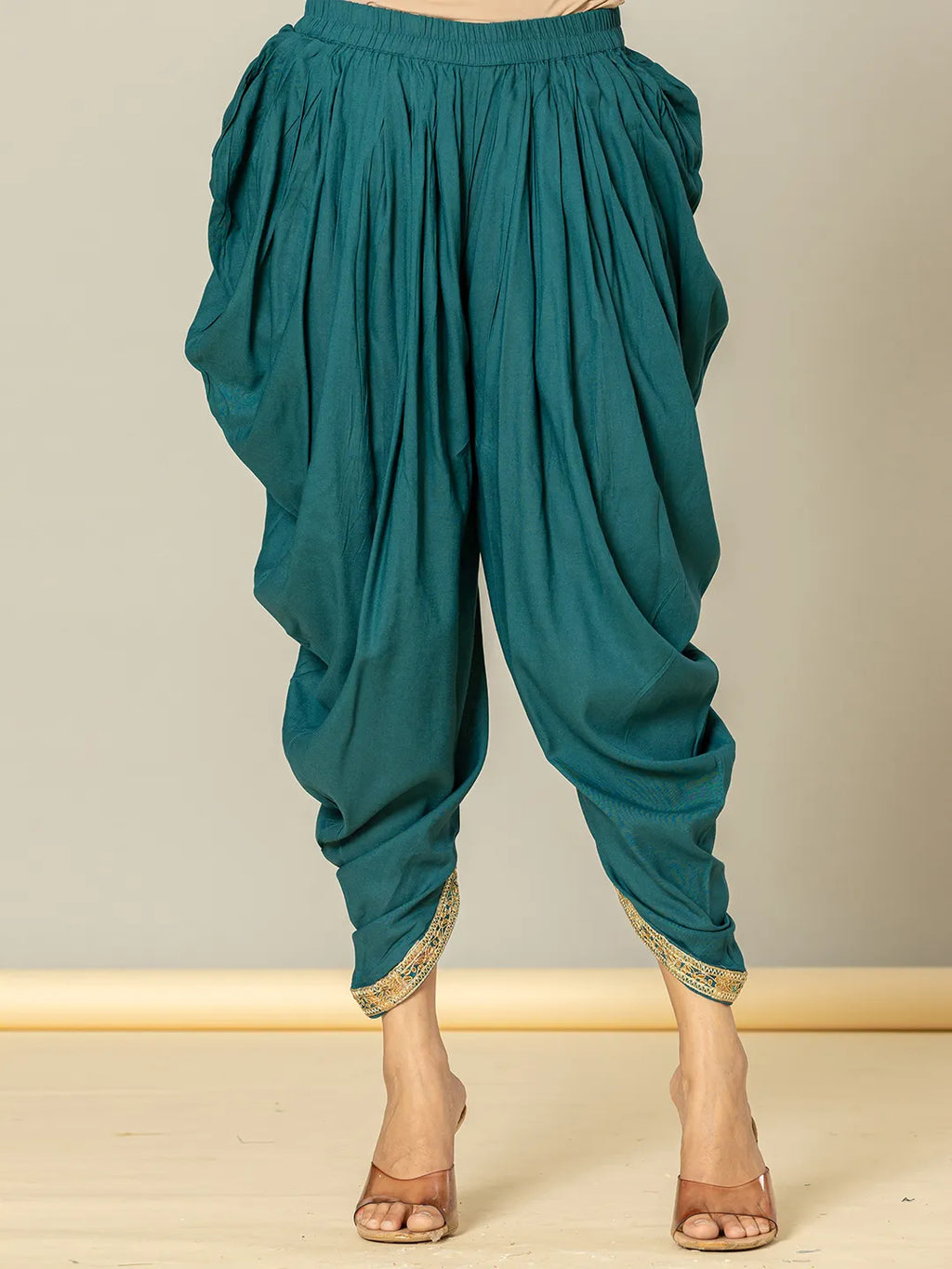 Yufta Cotton Teal Blue Zari_Work Kurta Dhoti Dupatta Set | Grocsy