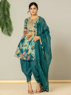 Yufta Cotton Teal Blue Zari_Work Kurta Dhoti Dupatta Set | Grocsy