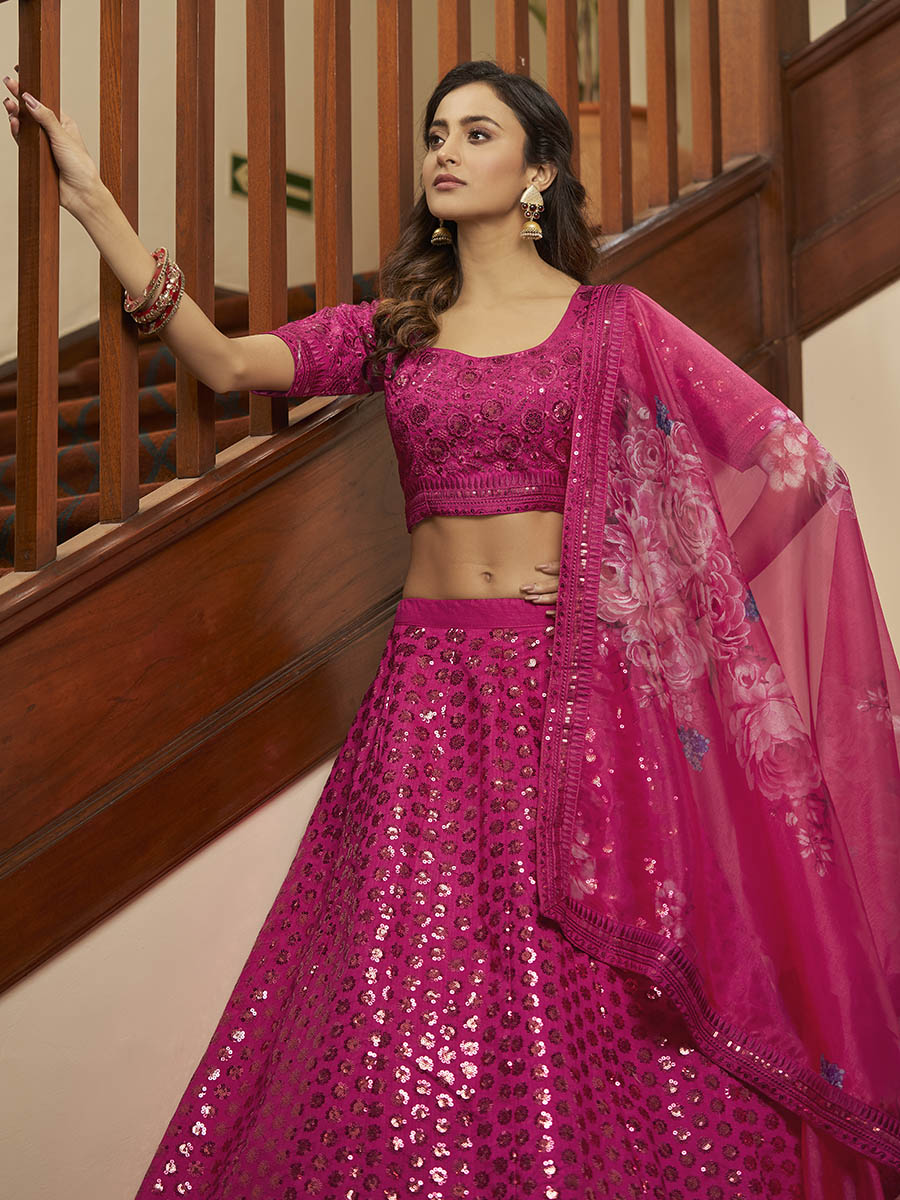 Myra Deep Pink Art Silk Embroidered Designer Lehenga | Grocsy