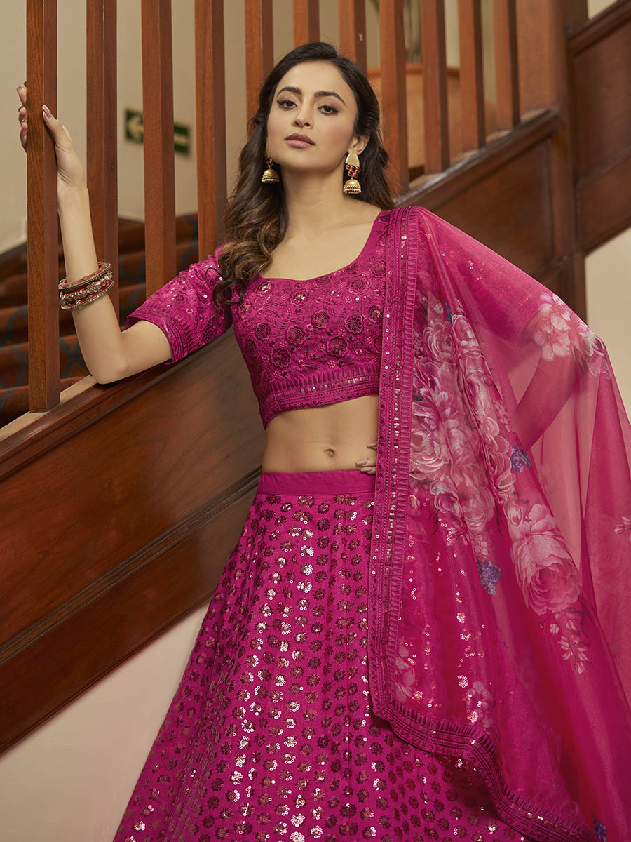 Myra Deep Pink Art Silk Embroidered Designer Lehenga | Grocsy