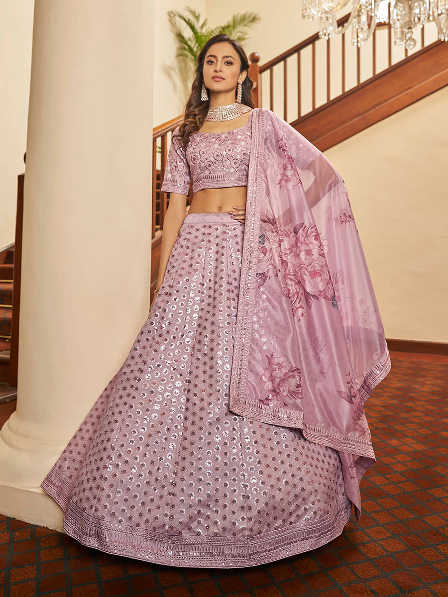 Myra Dusty Pink Pink Art Silk Embroidered Designer Lehenga | Grocsy