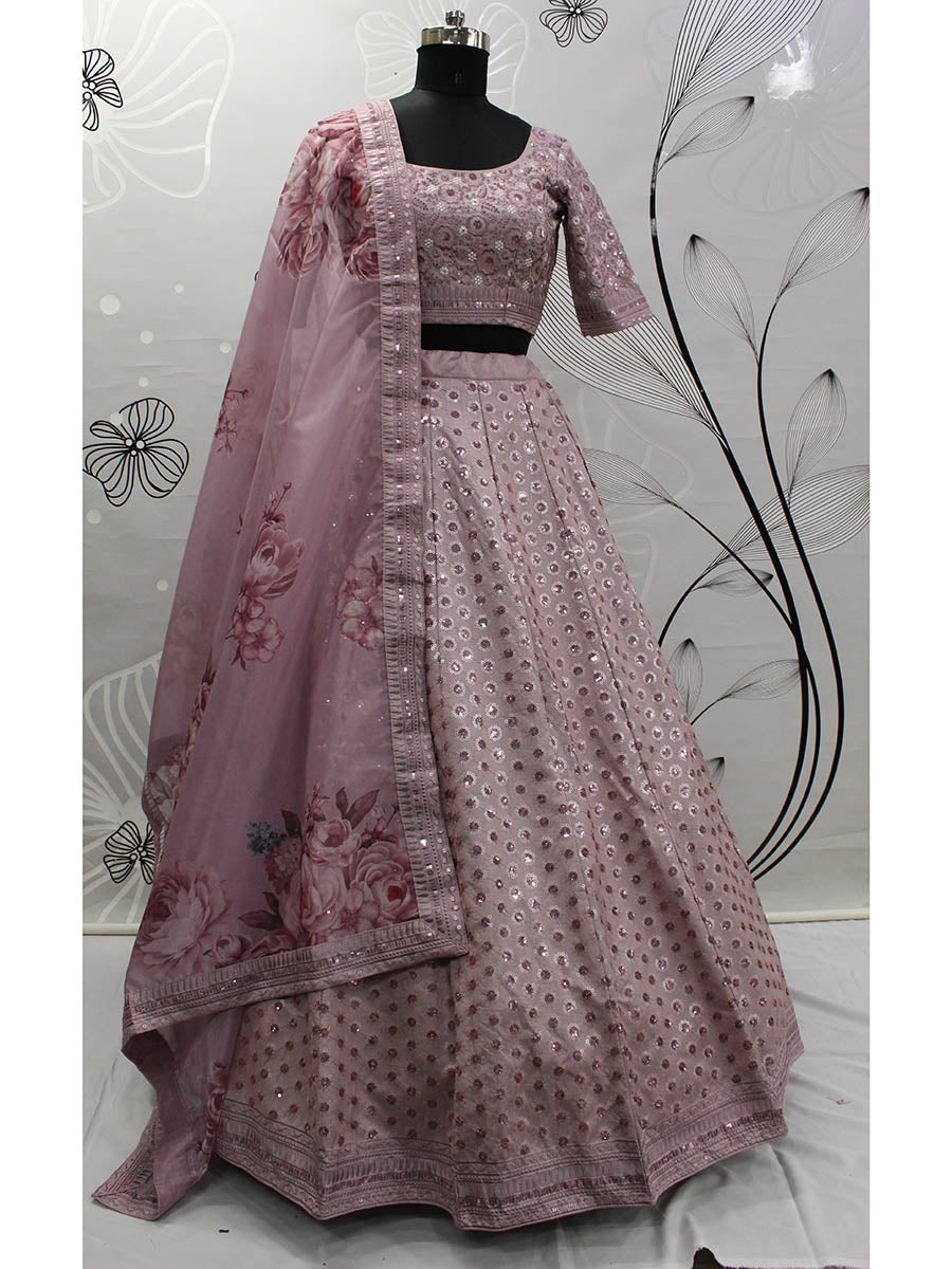 Myra Dusty Pink Pink Art Silk Embroidered Designer Lehenga | Grocsy