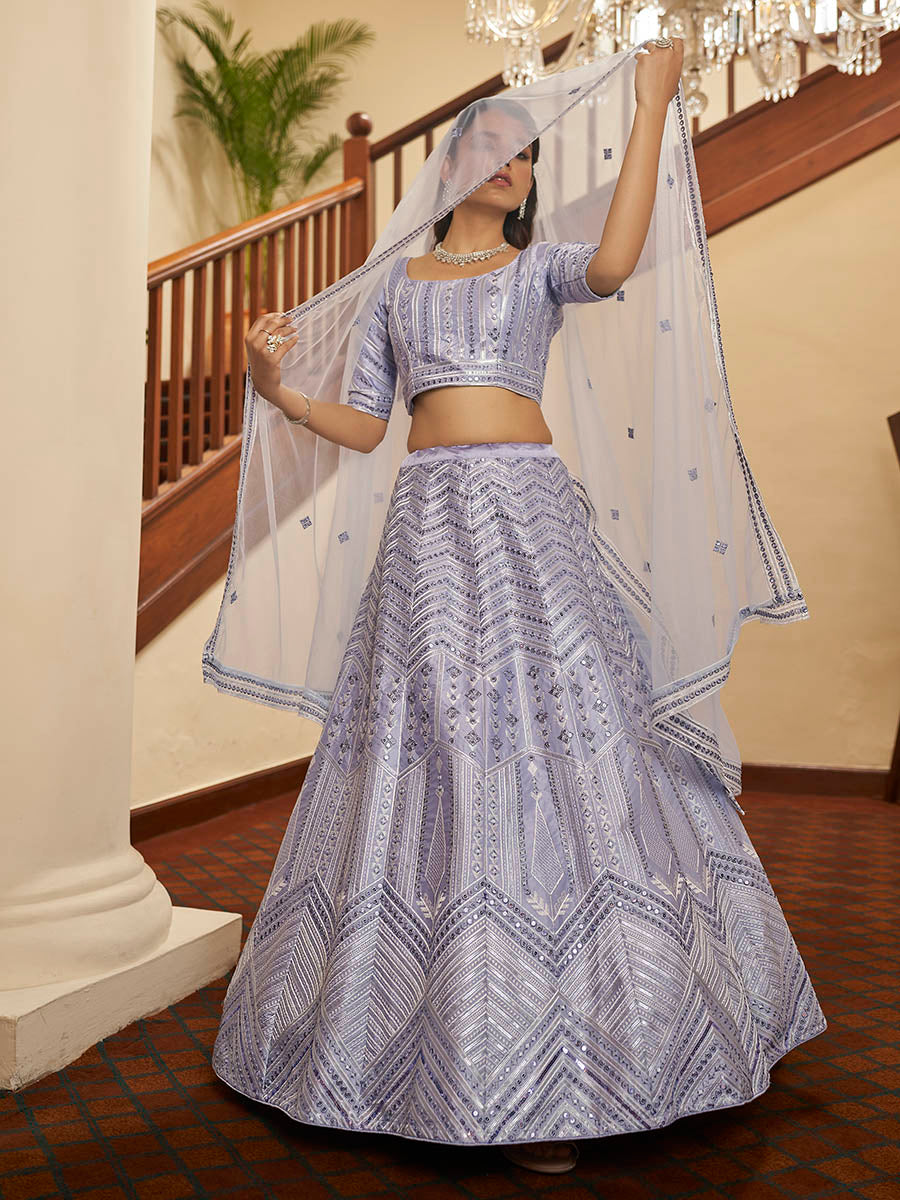 Myra Lavender Silk Embroidered Designer Lehenga | Grocsy