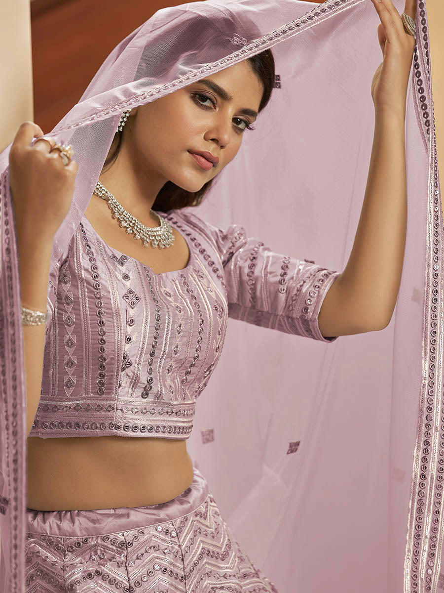 Myra Dusty Pink Pink Art Silk Embroidered Designer Lehenga | Grocsy