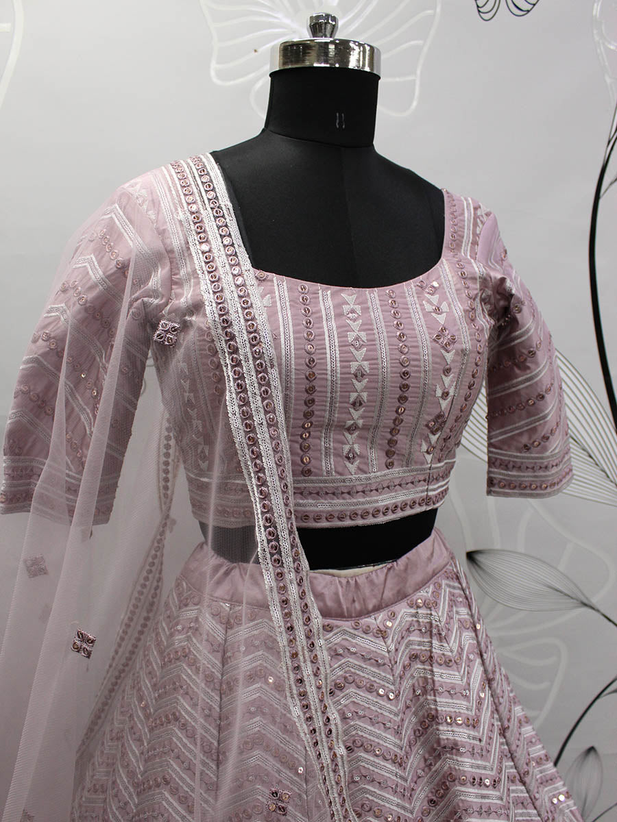 Myra Dusty Pink Pink Art Silk Embroidered Designer Lehenga | Grocsy