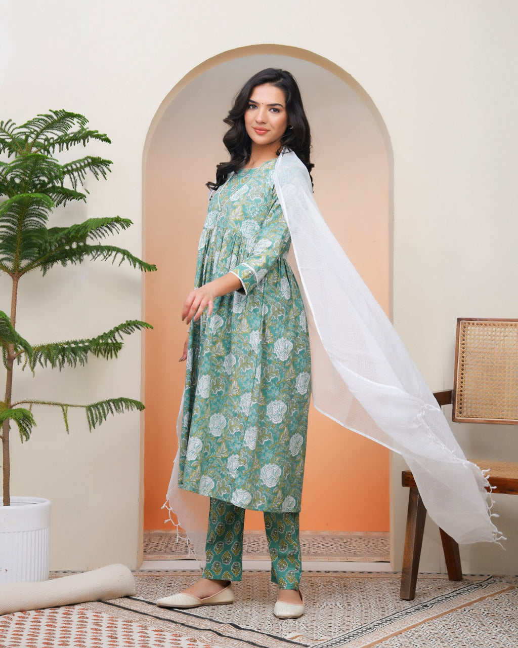 Vaasva Women Ferozi Cotton Kurta With Cotton Pant & Dupatta | Grocsy