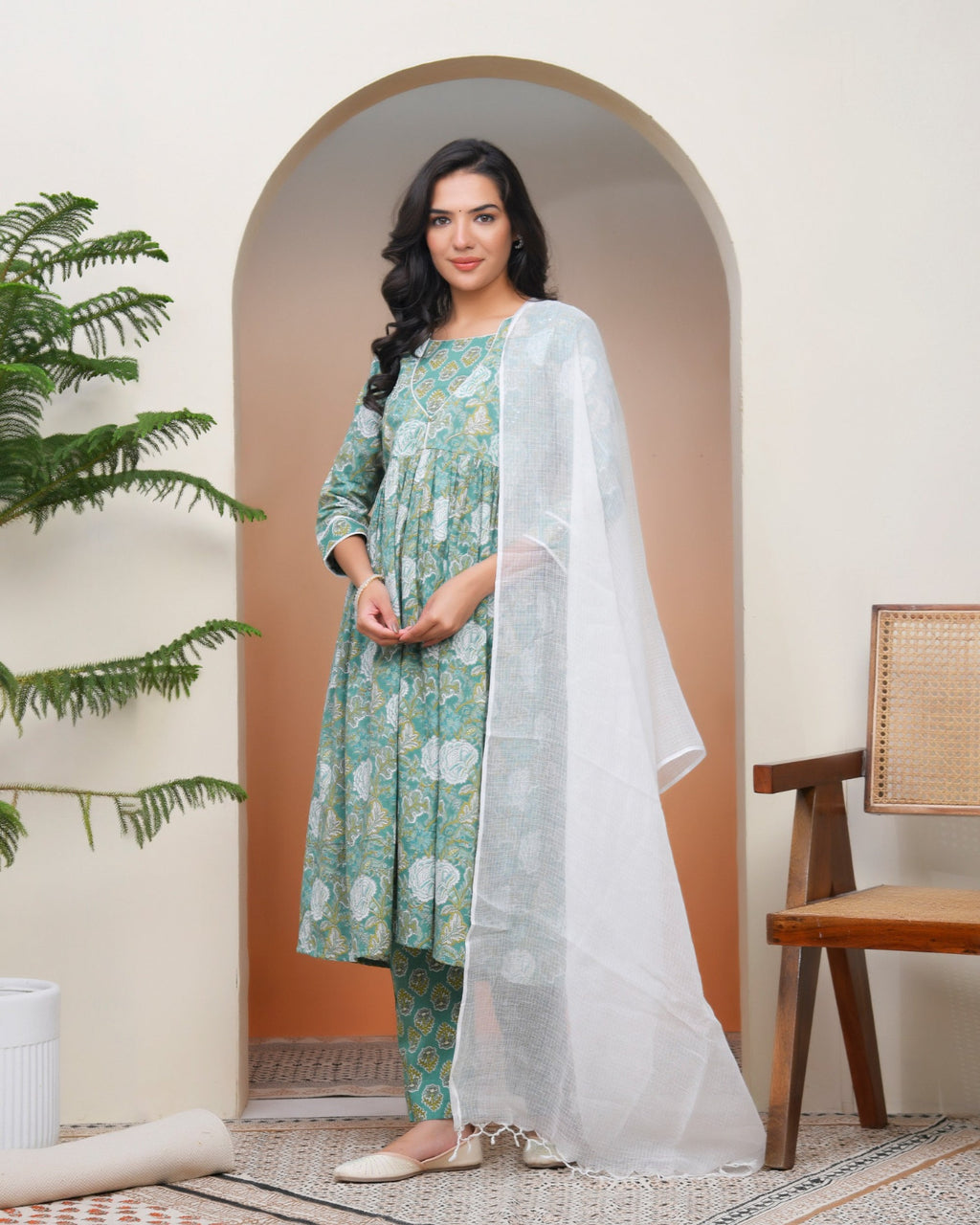 Vaasva Women Ferozi Cotton Kurta With Cotton Pant & Dupatta | Grocsy