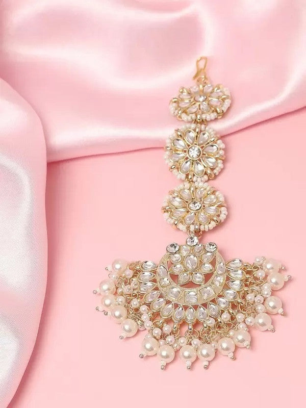 Tehzeeb Creations White Gold Square Shape Earrings With Tikka | Grocsy
