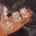 Tehzeeb Creations White Gold Square Shape Earrings With Tikka | Grocsy
