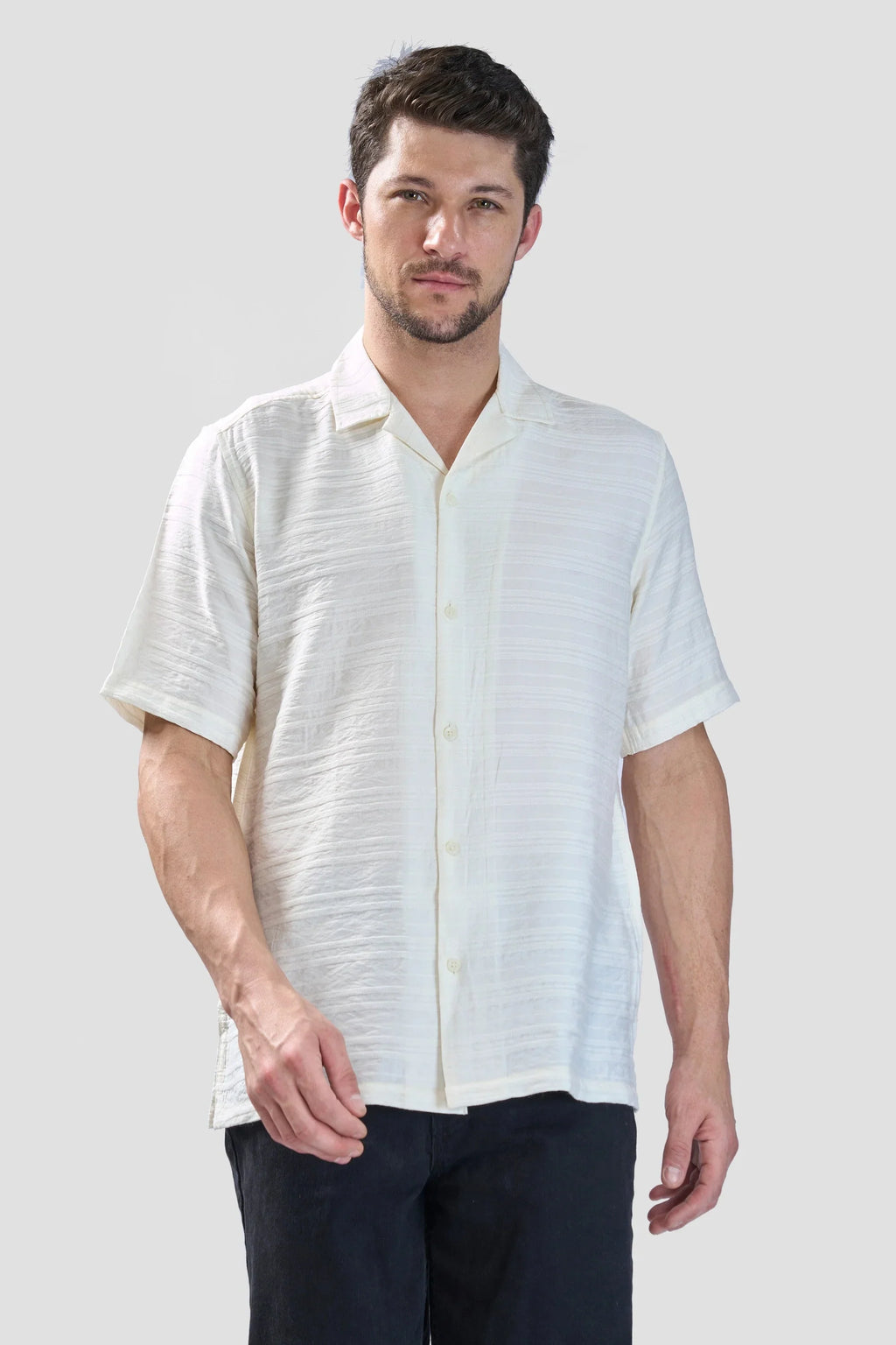 Xkind White Horizontal Pleated Stripes Relaxed Fit Shirt | Grocsy