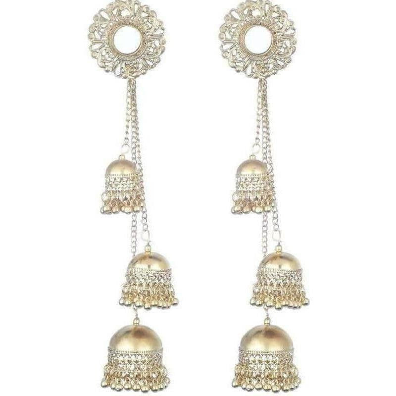 MS Fashion India Gold Color Afghani Kashmir Traditional Hanging Three Jhumka Floral Design Earrings | Grocsy