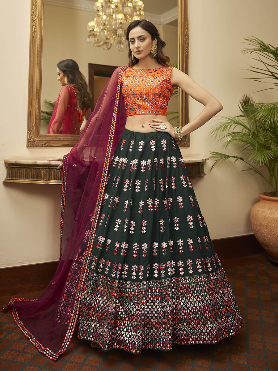 Myra Green and Deep Pink Georgette Embroidered Designer Lehenga | Grocsy