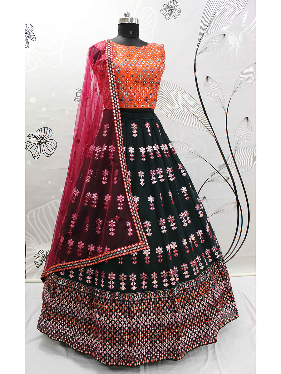 Myra Green and Deep Pink Georgette Embroidered Designer Lehenga | Grocsy