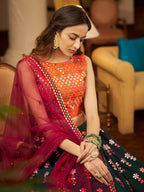 Myra Green and Deep Pink Georgette Embroidered Designer Lehenga | Grocsy