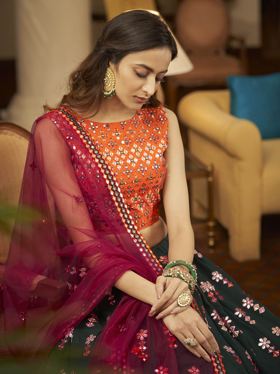 Myra Green and Deep Pink Georgette Embroidered Designer Lehenga | Grocsy