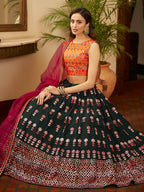 Myra Green and Deep Pink Georgette Embroidered Designer Lehenga | Grocsy
