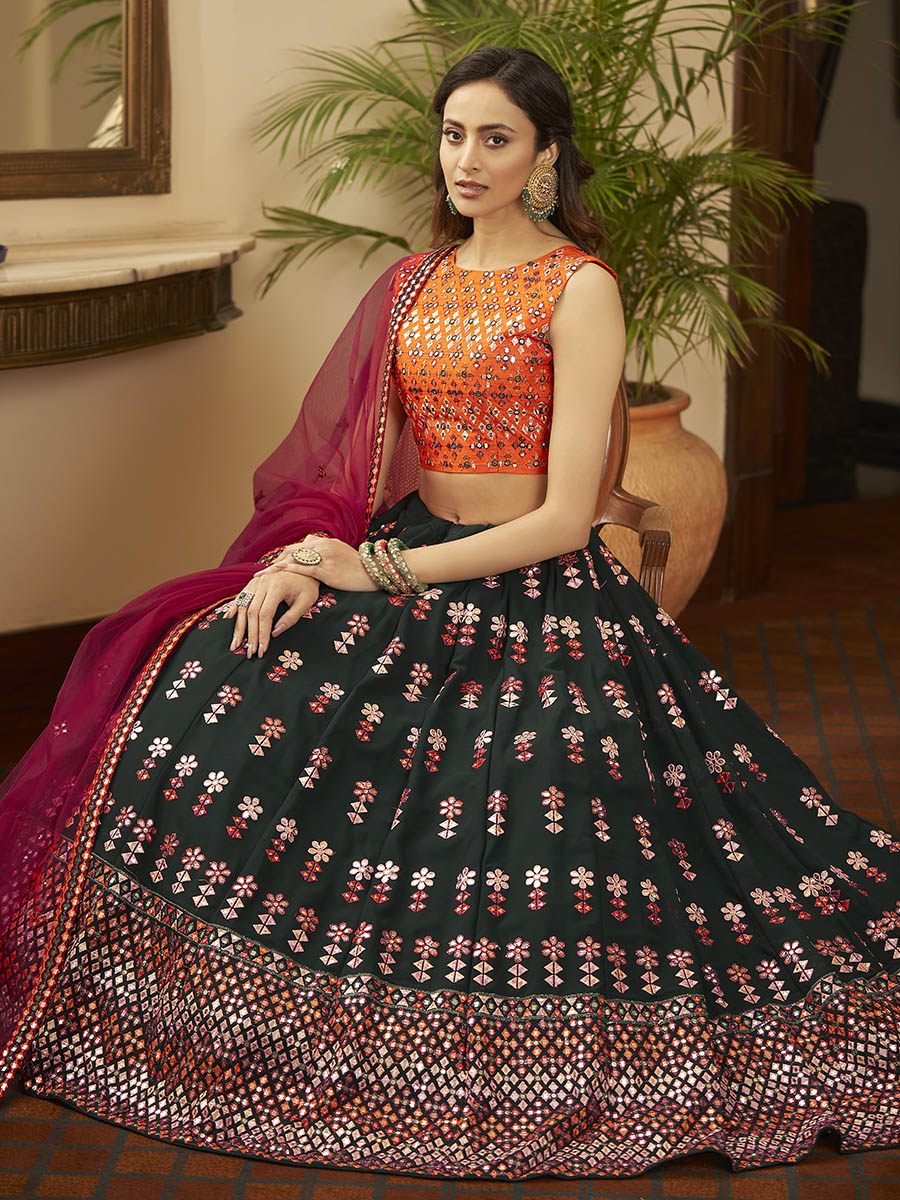 Myra Green and Deep Pink Georgette Embroidered Designer Lehenga | Grocsy
