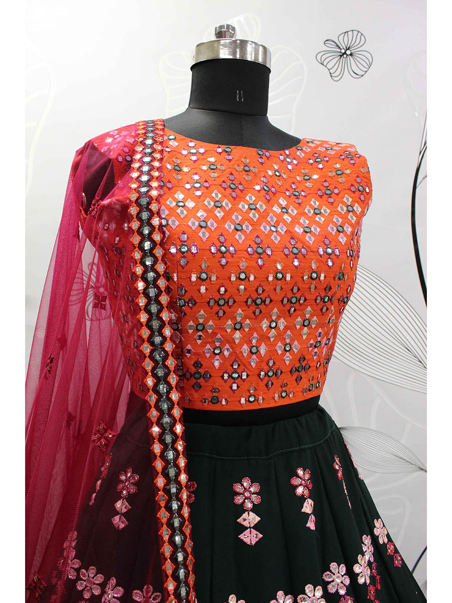 Myra Green and Deep Pink Georgette Embroidered Designer Lehenga | Grocsy