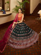 Myra Green and Deep Pink Georgette Embroidered Designer Lehenga | Grocsy