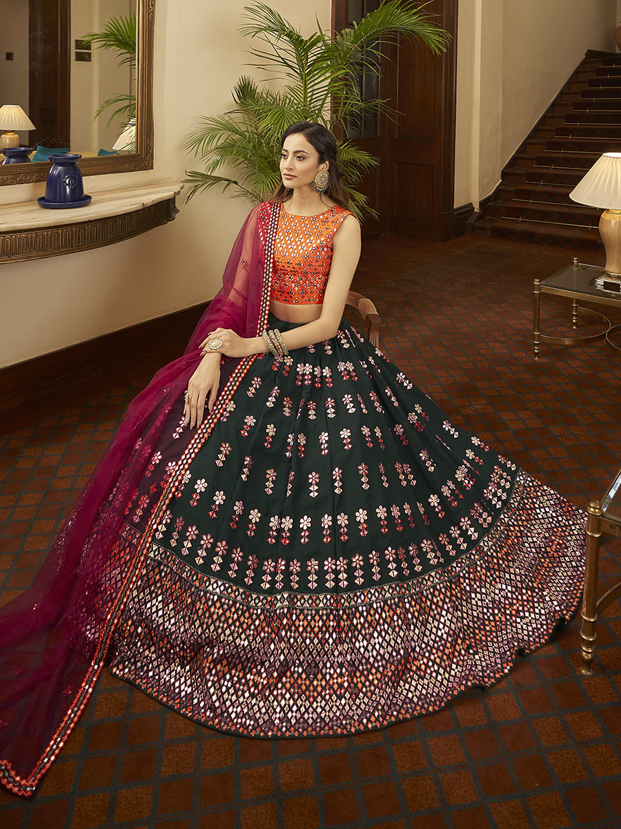 Myra Green and Deep Pink Georgette Embroidered Designer Lehenga | Grocsy