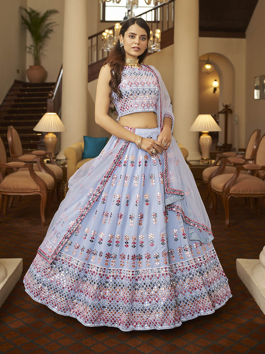 Myra Sky Blue Georgette Embroidered Designer Lehenga | Grocsy