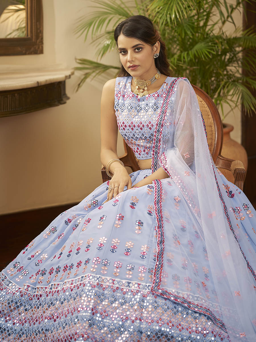 Myra Sky Blue Georgette Embroidered Designer Lehenga | Grocsy