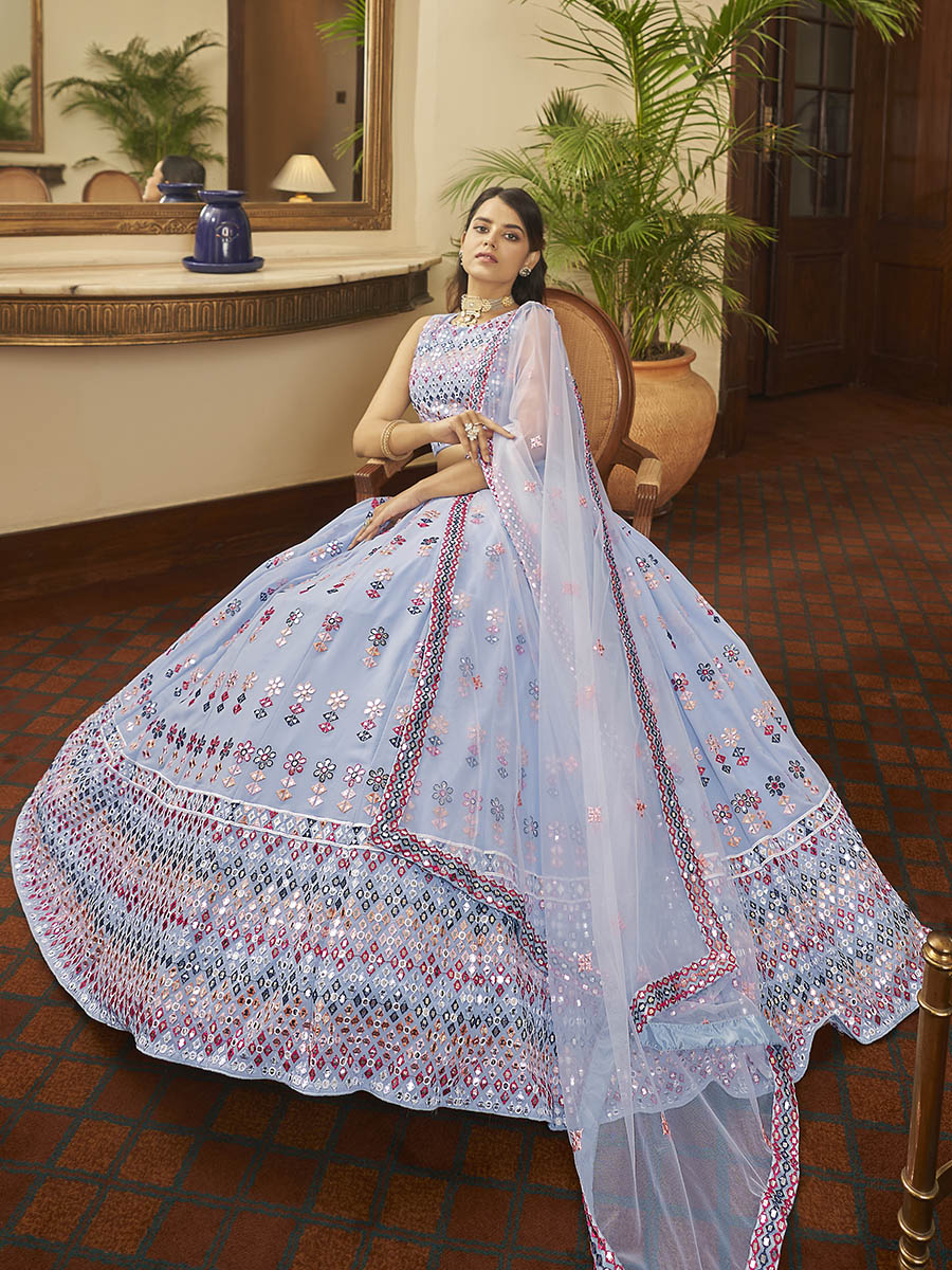 Myra Sky Blue Georgette Embroidered Designer Lehenga | Grocsy