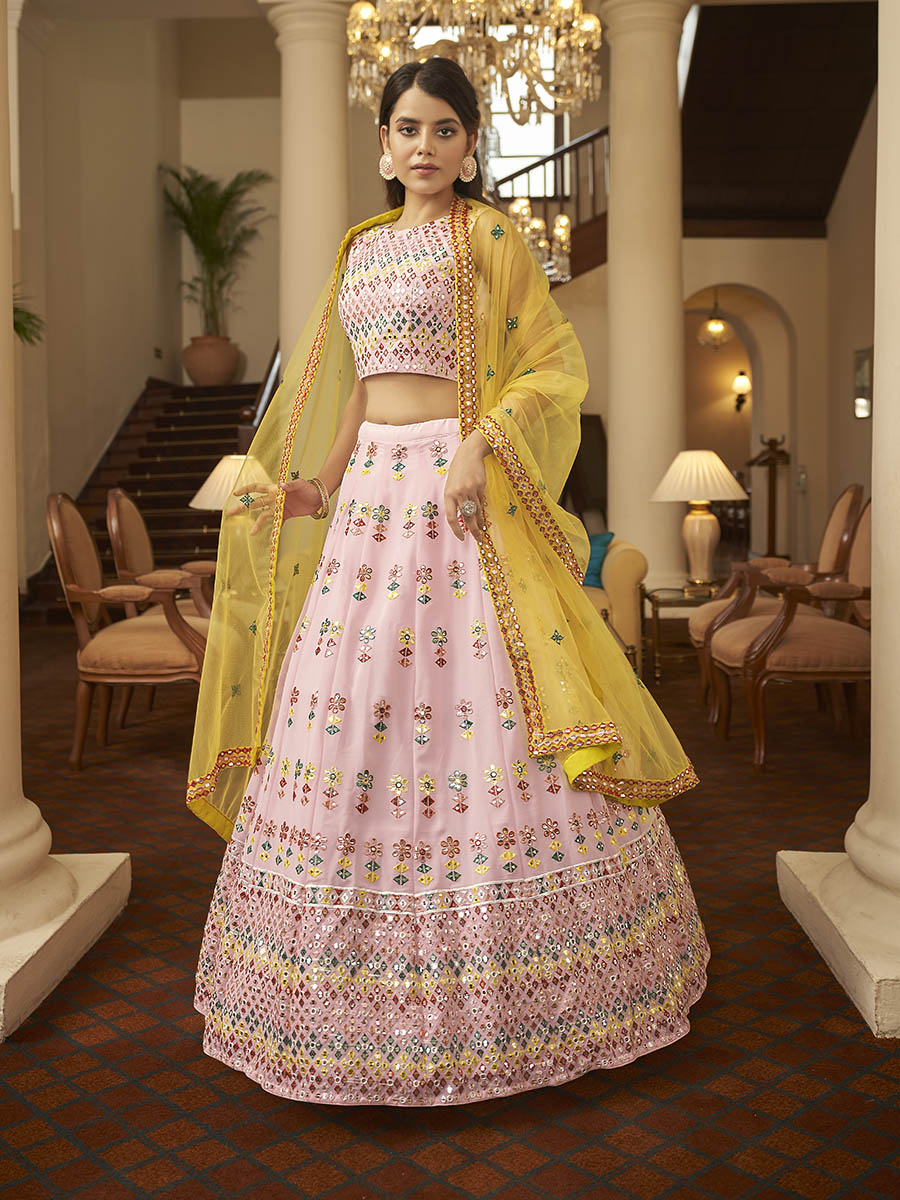 Myra Pink and Yellow Georgette Embroidered Designer Lehenga | Grocsy