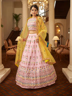 Myra Pink and Yellow Georgette Embroidered Designer Lehenga | Grocsy