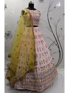 Myra Pink and Yellow Georgette Embroidered Designer Lehenga | Grocsy