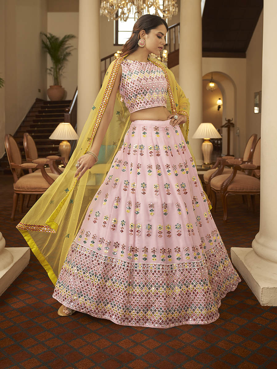 Myra Pink and Yellow Georgette Embroidered Designer Lehenga | Grocsy