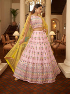Myra Pink and Yellow Georgette Embroidered Designer Lehenga | Grocsy