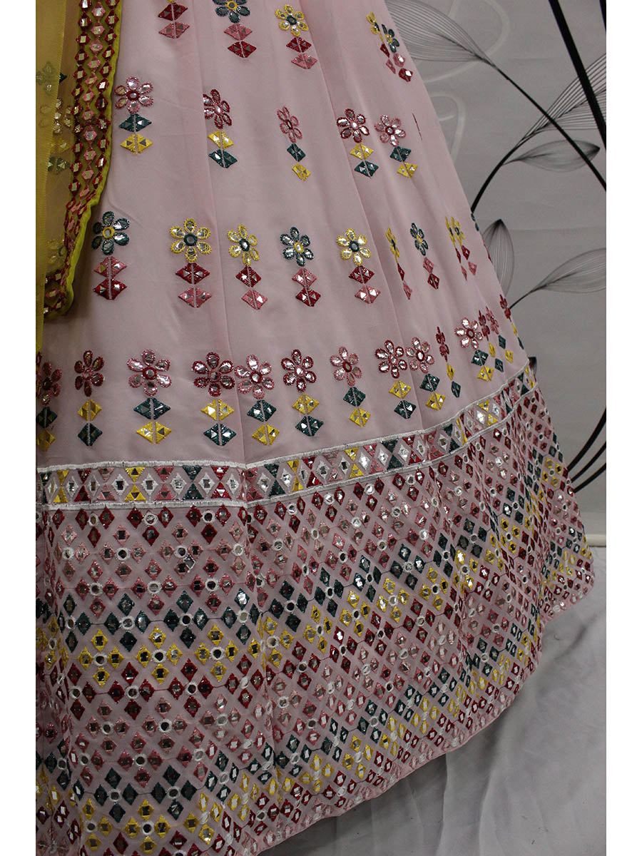 Myra Pink and Yellow Georgette Embroidered Designer Lehenga | Grocsy