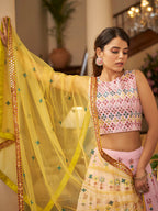 Myra Pink and Yellow Georgette Embroidered Designer Lehenga | Grocsy