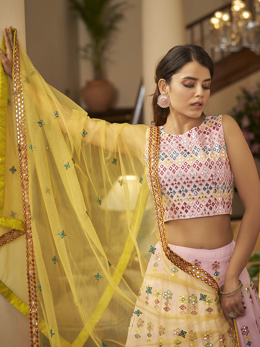 Myra Pink and Yellow Georgette Embroidered Designer Lehenga | Grocsy