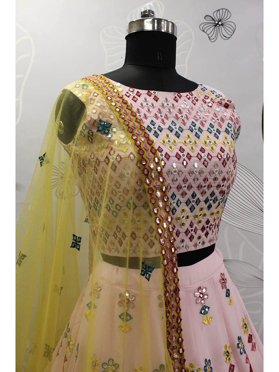 Myra Pink and Yellow Georgette Embroidered Designer Lehenga | Grocsy
