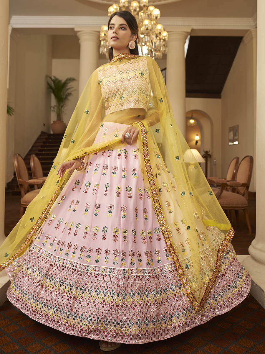 Myra Pink and Yellow Georgette Embroidered Designer Lehenga | Grocsy