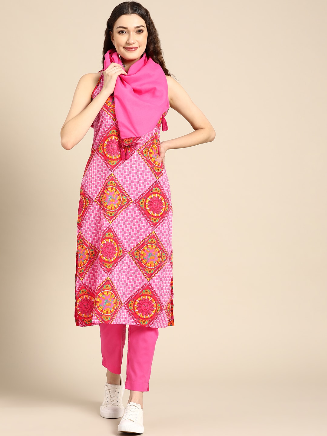 Sangria Women Pink Ethnic Motifs Printed Pure Cotton Kurta with Trousers & Dupatta | Grocsy