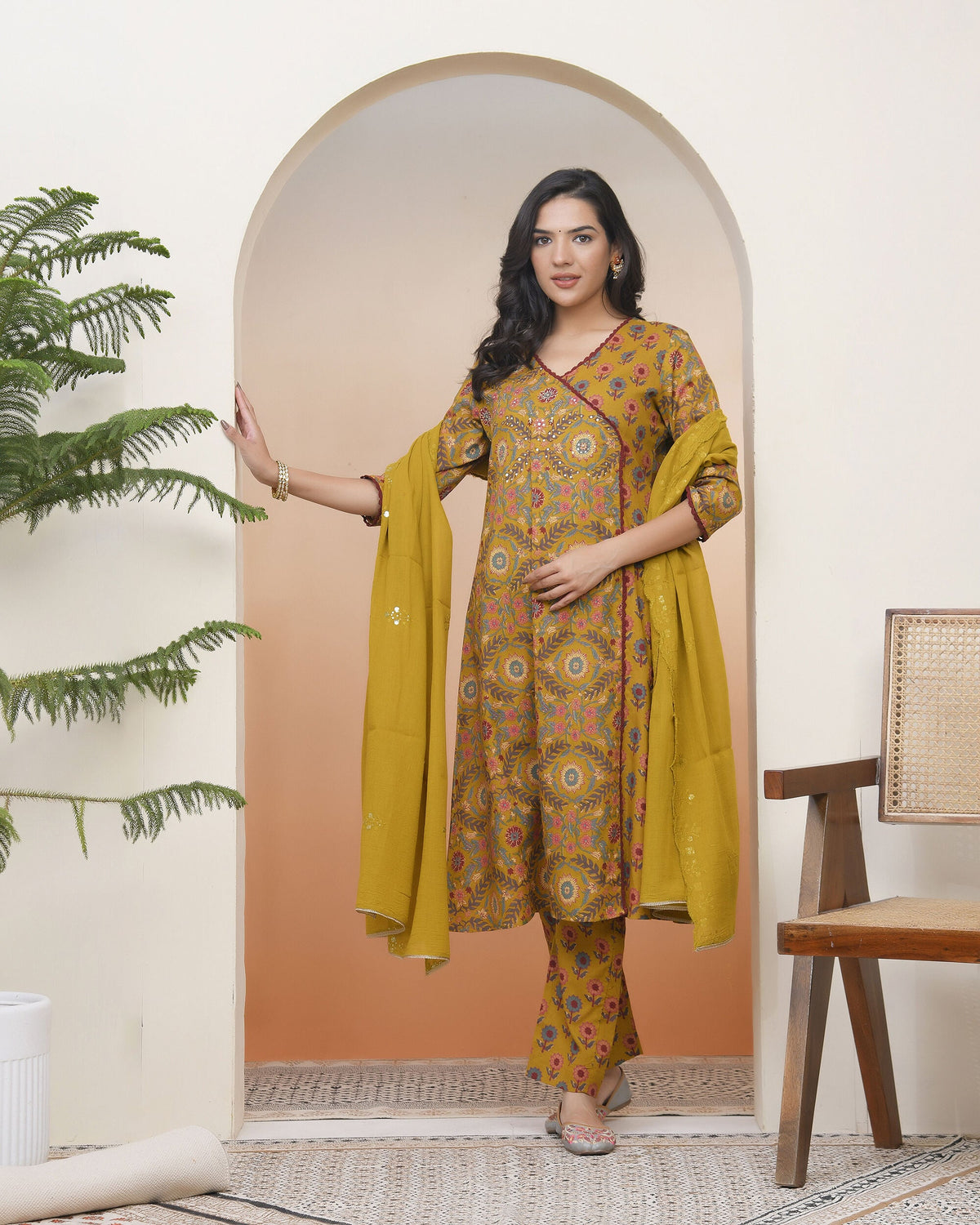 Vaasva Women Mustard Cotton Angrakha Kurta With Cotton Pant & Dupatta | Grocsy